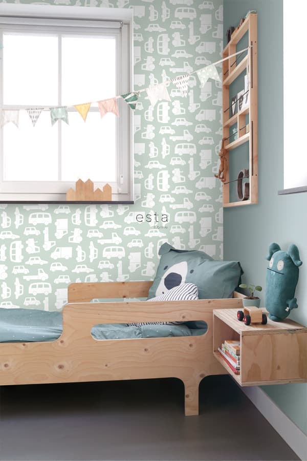 ESTAhome tapet bilar mintgrönt 0,53 x 10,05 m
