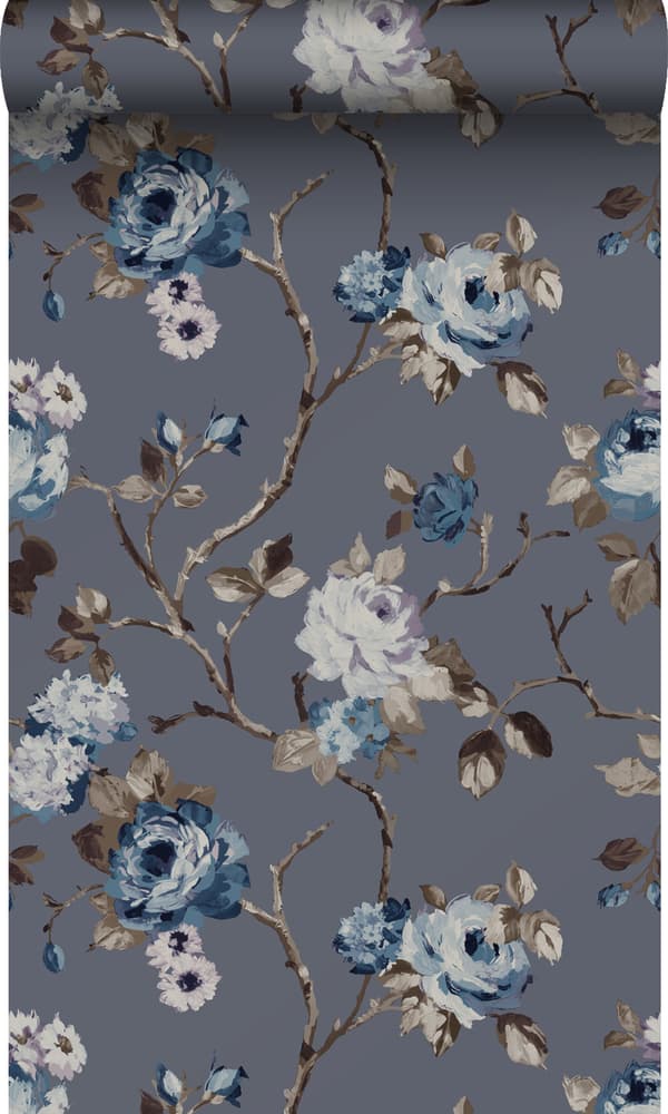 Origin Wallcoverings tapet blommor vintageblått och mullvadsgrått 53 cm x 10,05 m