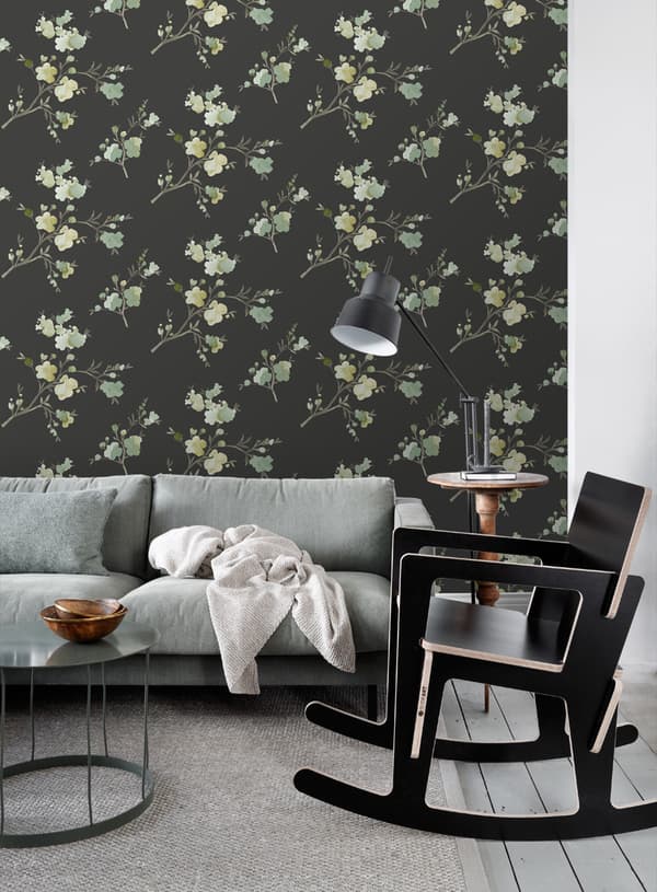 ESTAhome tapet kirsebærblomster grønt, okkergult og sort 0,53 x 10,05 m