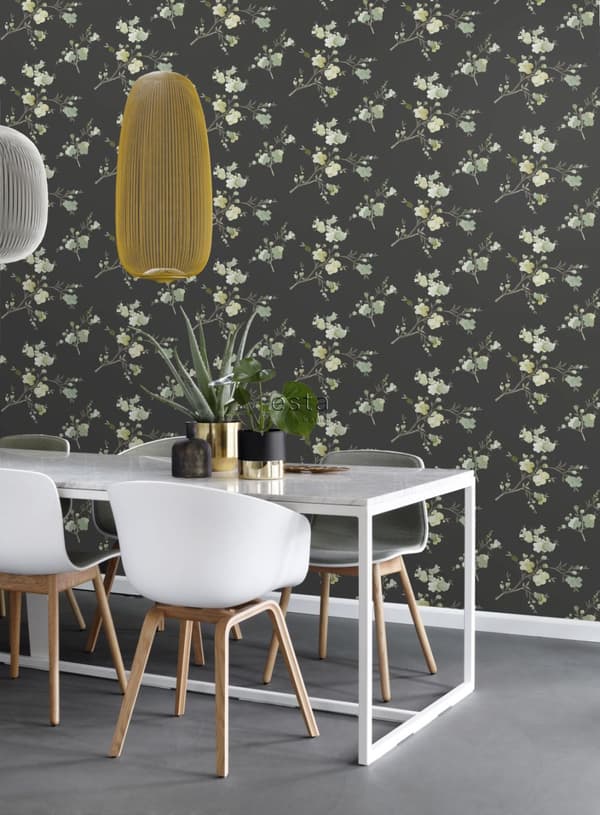 ESTAhome tapet kirsebærblomster grønt, okkergult og sort 0,53 x 10,05 m