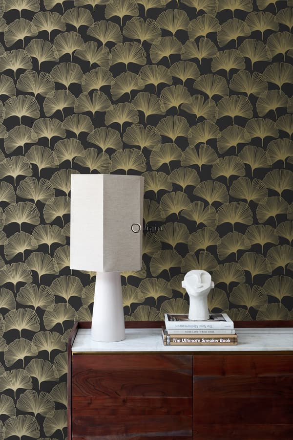 Origin Wallcoverings tapet ginkgoblade sort og guld 0,53 x 10,05 m