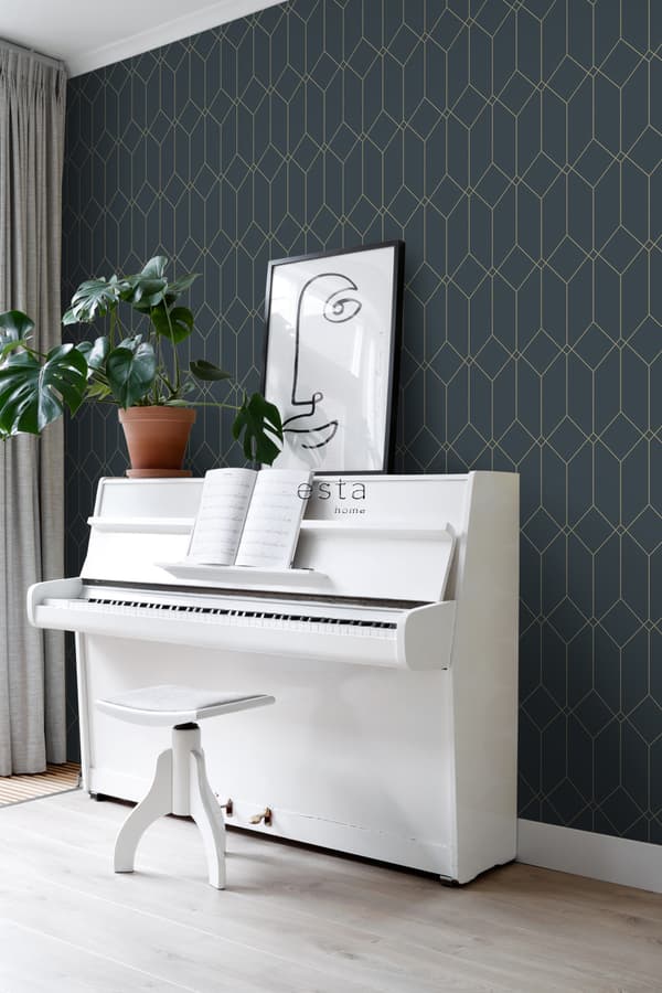 ESTAhome tapet art deco mørkeblåt og guld 0,53 x 10,05 m
