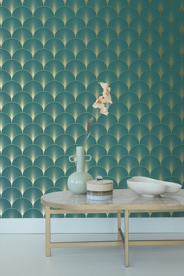 ESTAhome tapet art deco benzinblåt og guld 0,53 x 10,05 m