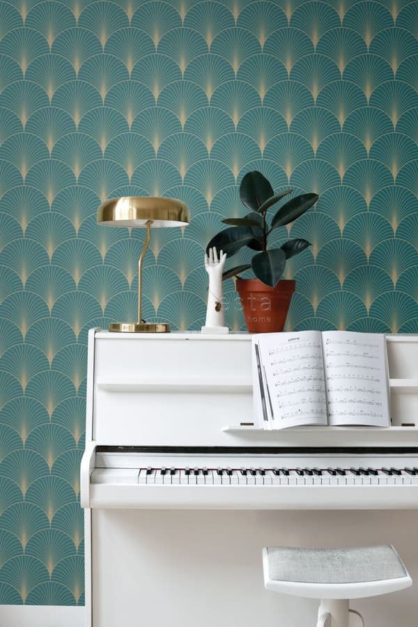ESTAhome tapet art deco benzinblåt og guld 0,53 x 10,05 m