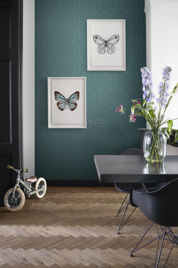 ESTAhome tapet art deco guld, grönt och blått 0,53 x 10,05 m
