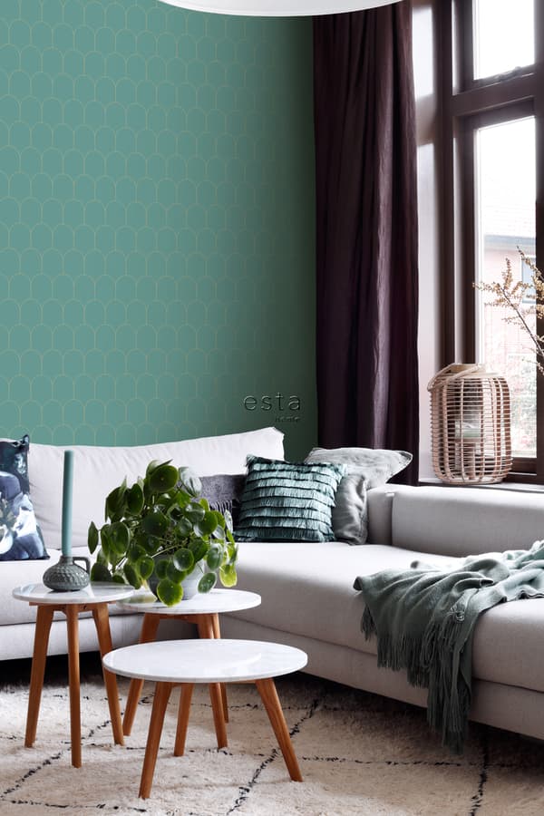 ESTAhome tapet art deco havgrønt og guld 0,53 x 10,05 m