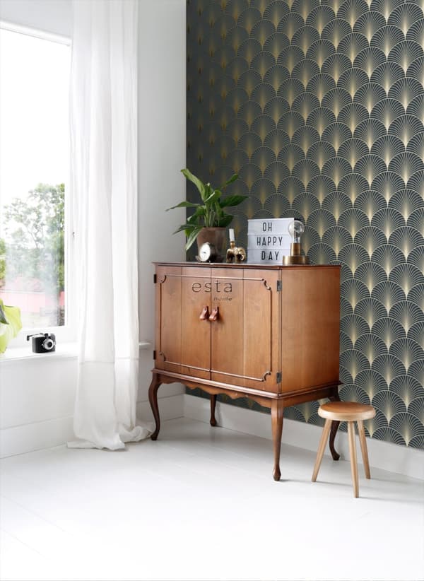 ESTAhome tapet art deco mörkblått och guld 0,53 x 10,05 m