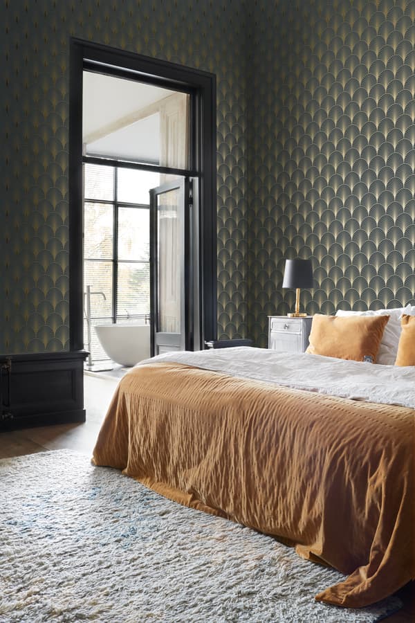 ESTAhome tapet art deco mörkblått och guld 0,53 x 10,05 m