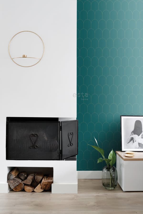 ESTAhome tapet art deco bensinblått och guld 0,53 x 10,05 m