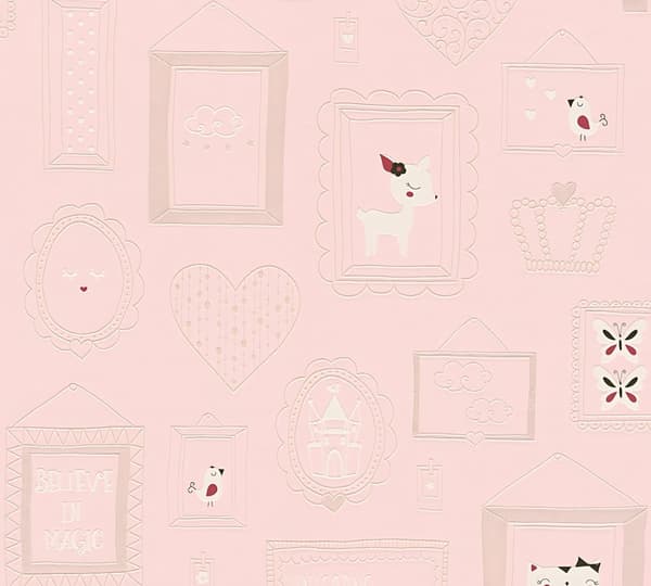 Non woven-tapet djur mönster Profhome 369912-GU lätt texturerad matt färg rosa vit 5,33 m2