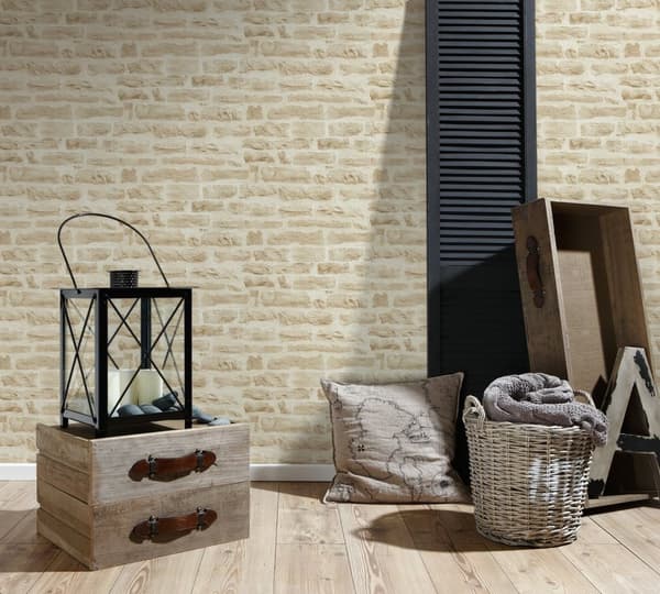 Ikke-vævet tapet sten imitation Profhome 355802-gu lidt tekstureret mat färg beige crème 5,33 m2
