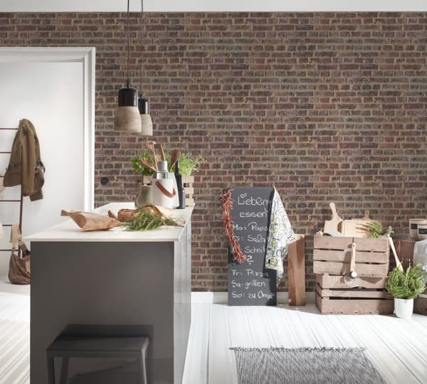 Non woven-tapet sten utseende Profhome 371611-GU lätt texturerad matt färg brun röd beige 5,33 m2