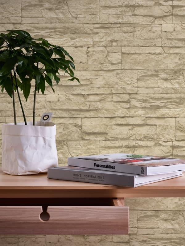Non woven-tapet sten utseende Profhome 707130-GU slät matt färg beige grädde 5,33 m2