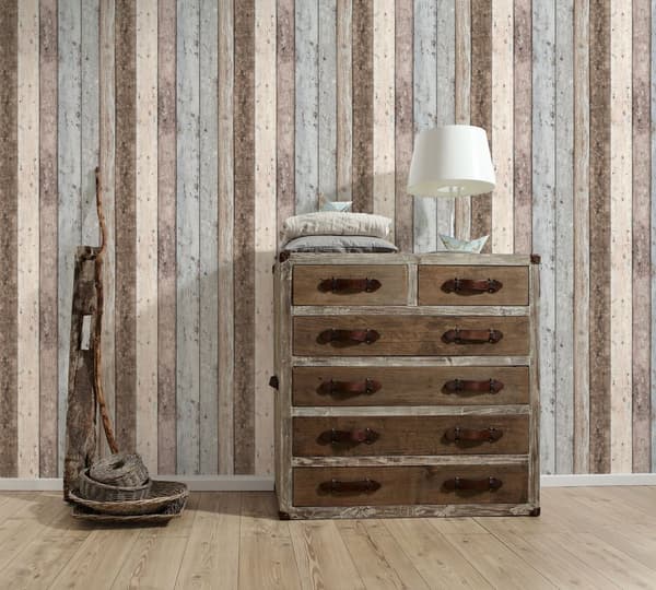 Non woven-tapet trä utseende Profhome 855039-GU lätt texturerad matt färg brun blå 5,33 m2