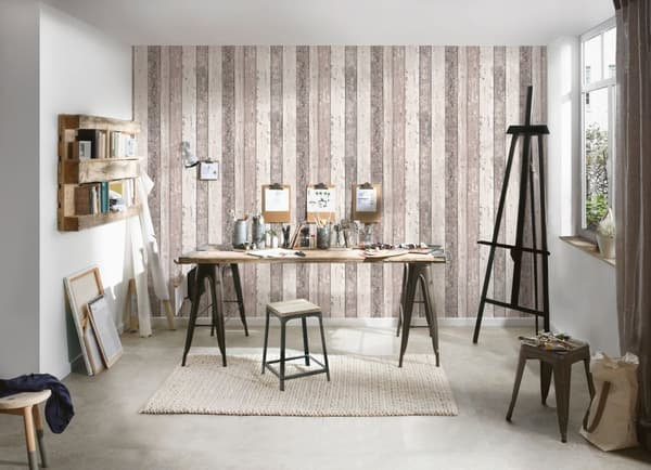 Non woven-tapet trä utseende Profhome 855053-GU lätt texturerad matt färg brun grädde 5,33 m2