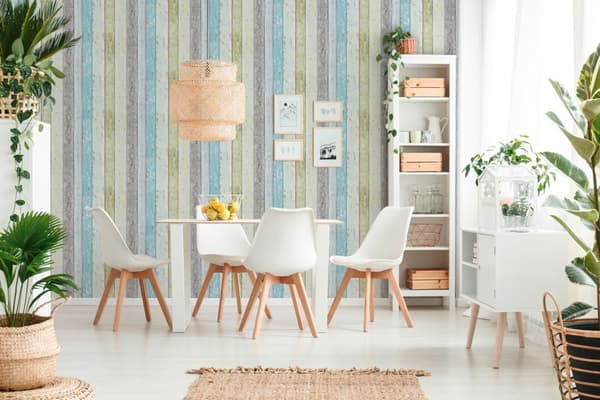 Non woven-tapet trä utseende Profhome 855077-GU lätt texturerad matt färg blå grön vit 5,33 m2