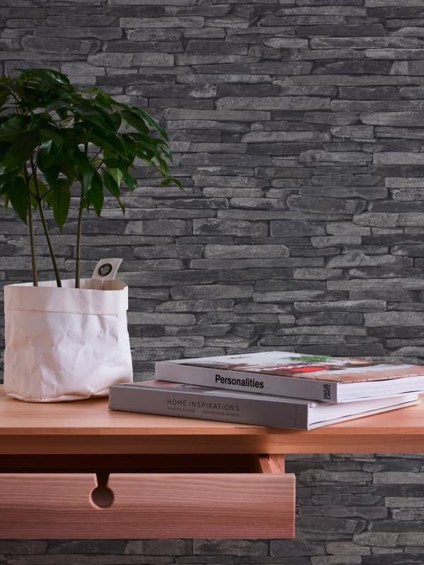 Non woven-tapet sten utseende Profhome 914224-GU slät matt färg grå svart 5,33 m2