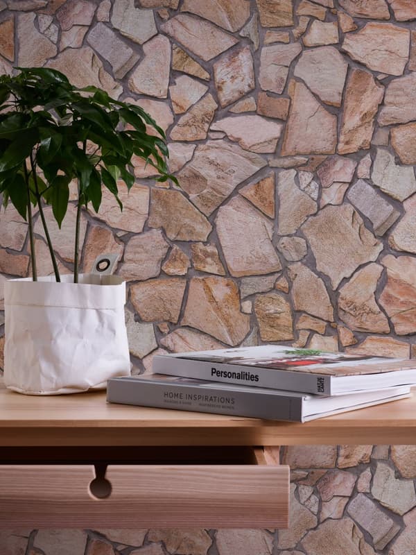Non woven-tapet sten utseende Profhome 927316-GU slät matt färg brun beige 5,33 m2