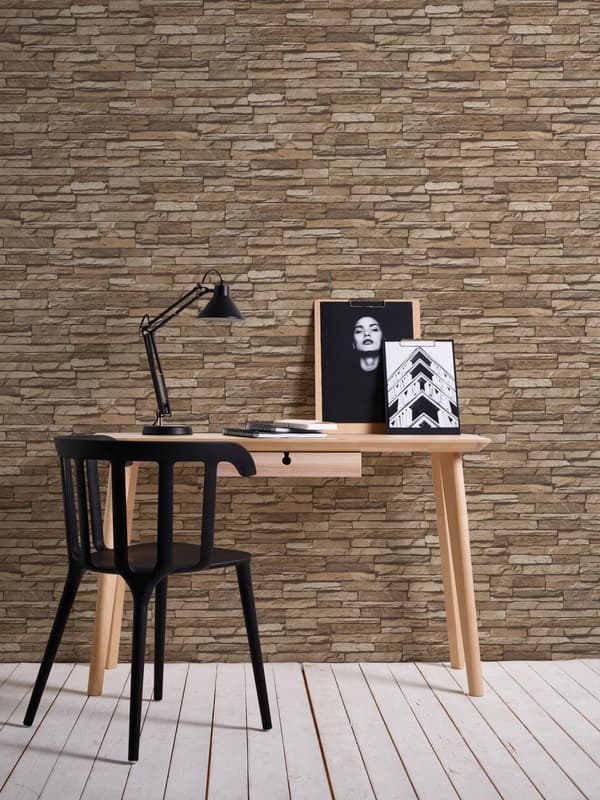 Non woven-tapet sten utseende Profhome 958332-GU slät matt färg brun beige 5,33 m2