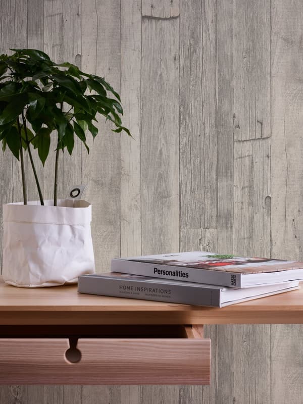Non woven-tapet trä utseende Profhome 959311-GU lätt texturerad matt färg grå vit beige 5,33 m2