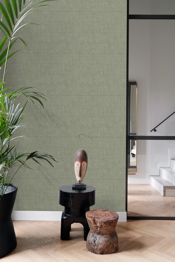 Origin Wallcoverings tapet kakelmotiv med ormskinn tryck gråaktigt olivgrönt 0,53 x 10,05 m