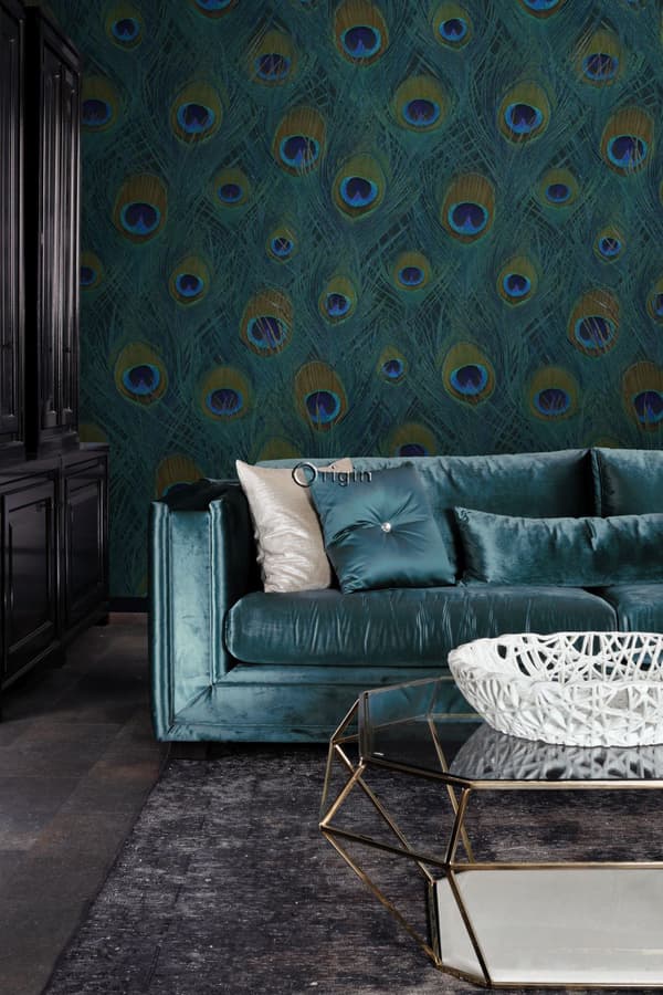 Origin Wallcoverings fototapet påfågelfjädrar havsgrönt 150 x 279 cm