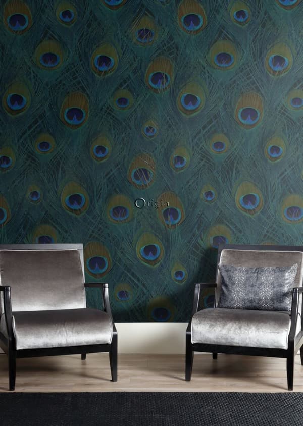 Origin Wallcoverings fototapet påfågelfjädrar havsgrönt 150 x 279 cm