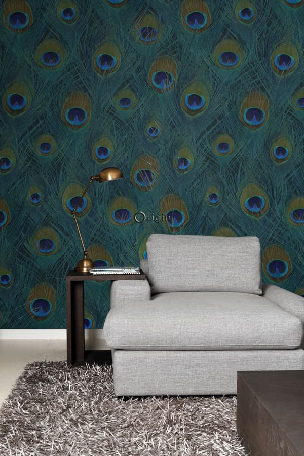 Origin Wallcoverings fototapet påfågelfjädrar havsgrönt 150 x 279 cm