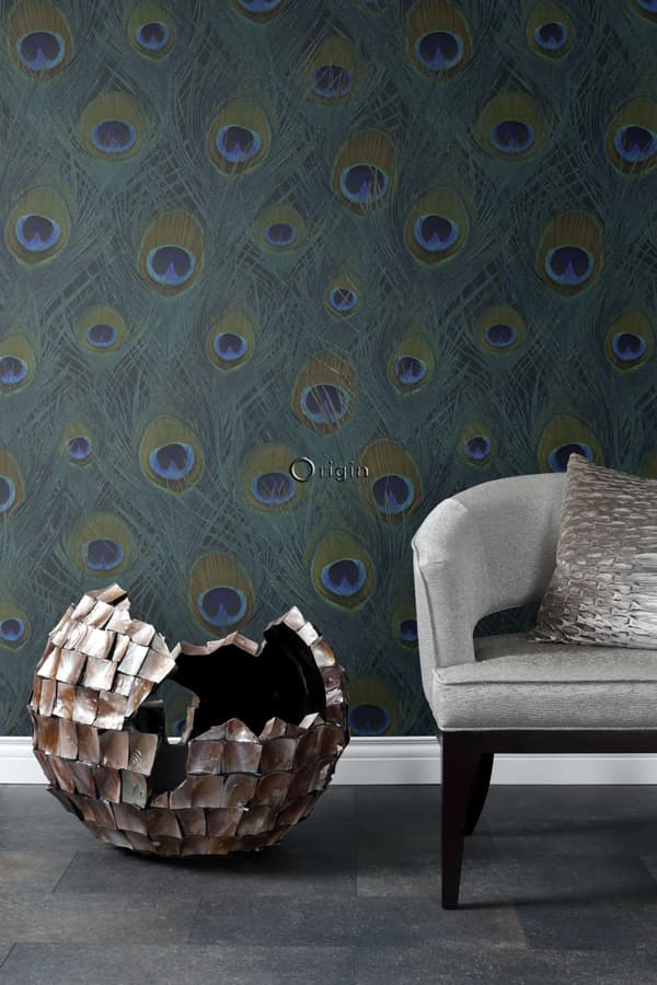 Origin Wallcoverings fototapet påfågelfjädrar havsgrönt 150 x 279 cm