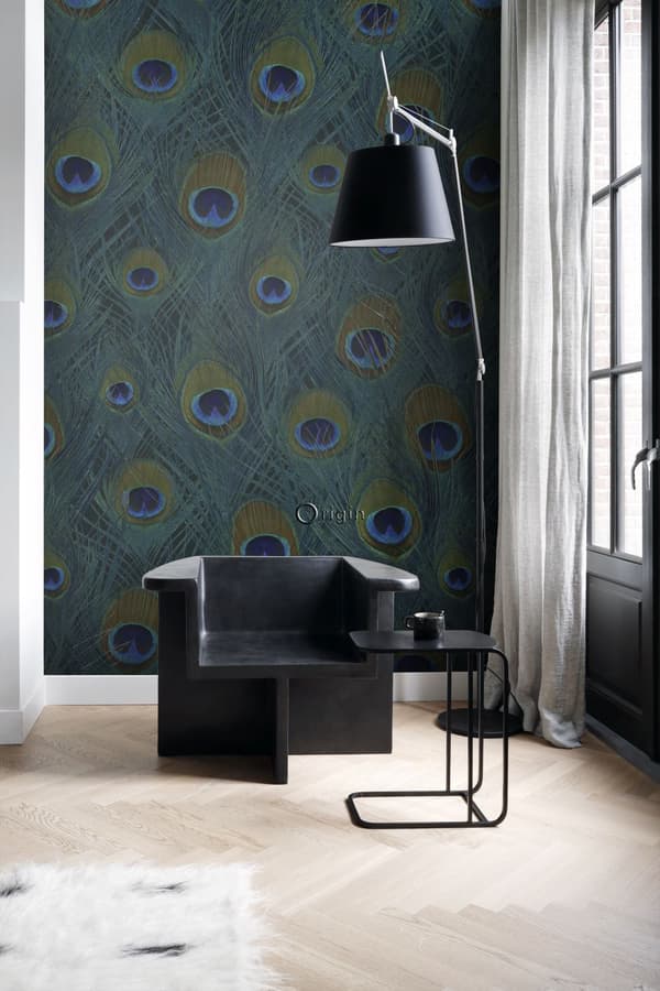 Origin Wallcoverings fototapet påfågelfjädrar havsgrönt 150 x 279 cm