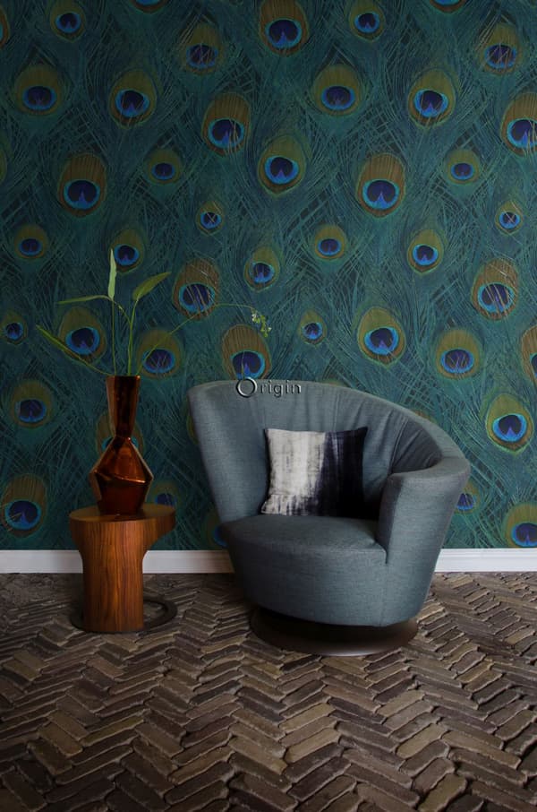 Origin Wallcoverings fototapet påfågelfjädrar havsgrönt 150 x 279 cm