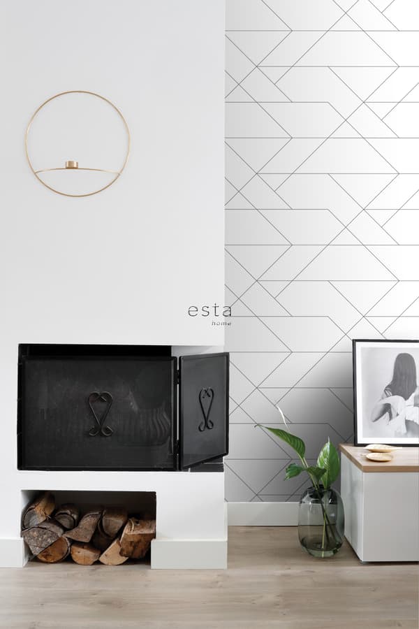 ESTAhome tapet grafiske linjer sort og hvidt 0,53 x 10,05 m