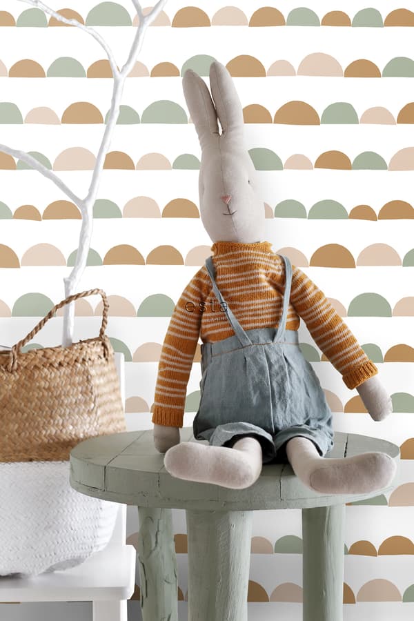 ESTAhome tapet grafisk motiv skinnende lyserødt, varm orange og mintgrønt 0,53 x 10,05 m