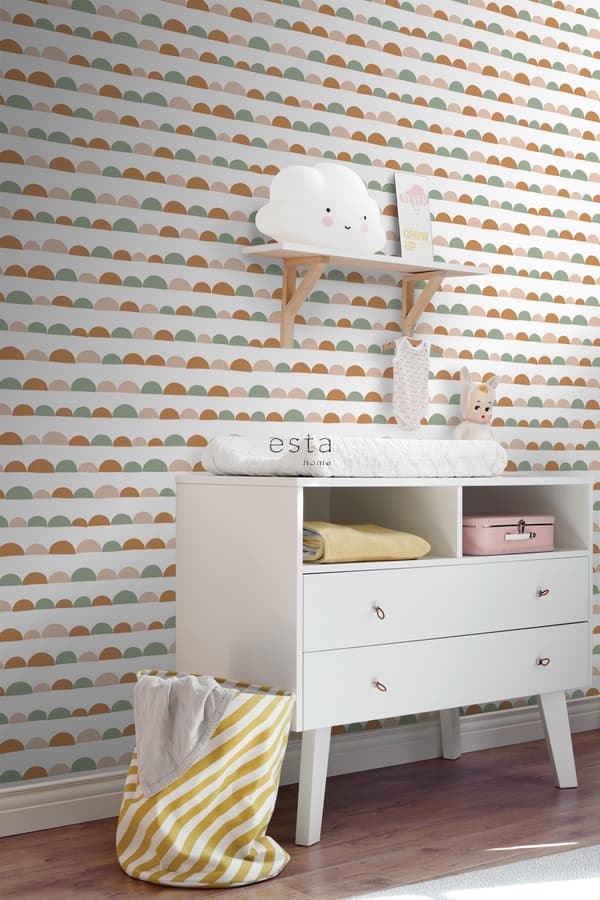 ESTAhome tapet grafisk motiv skinnende lyserødt, varm orange og mintgrønt 0,53 x 10,05 m