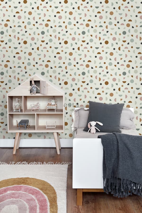 ESTAhome tapet grafiskt motiv ljusbeige, antikrosa och mintgrönt 0,53 x 10,05 m