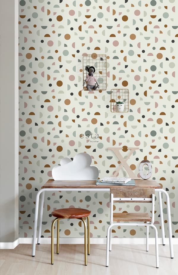 ESTAhome tapet grafiskt motiv ljusbeige, antikrosa och mintgrönt 0,53 x 10,05 m