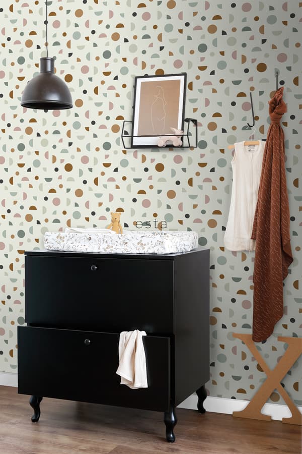 ESTAhome tapet grafiskt motiv ljusbeige, antikrosa och mintgrönt 0,53 x 10,05 m