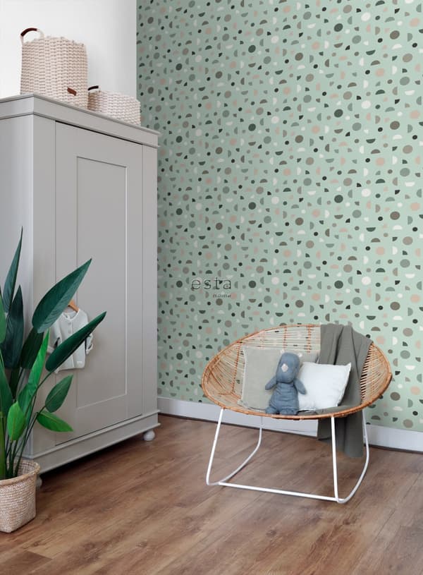 ESTAhome tapet grafiskt motiv mintgrönt, milt rosa och vitt 0,53 x 10,05 m