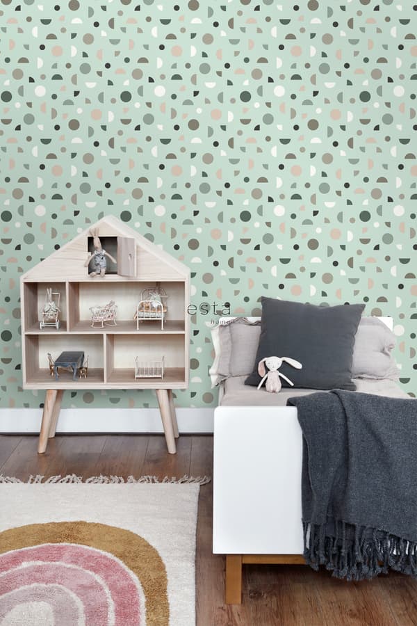 ESTAhome tapet grafiskt motiv mintgrönt, milt rosa och vitt 0,53 x 10,05 m