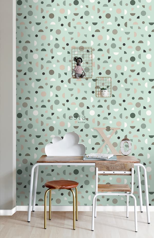 ESTAhome tapet grafiskt motiv mintgrönt, milt rosa och vitt 0,53 x 10,05 m