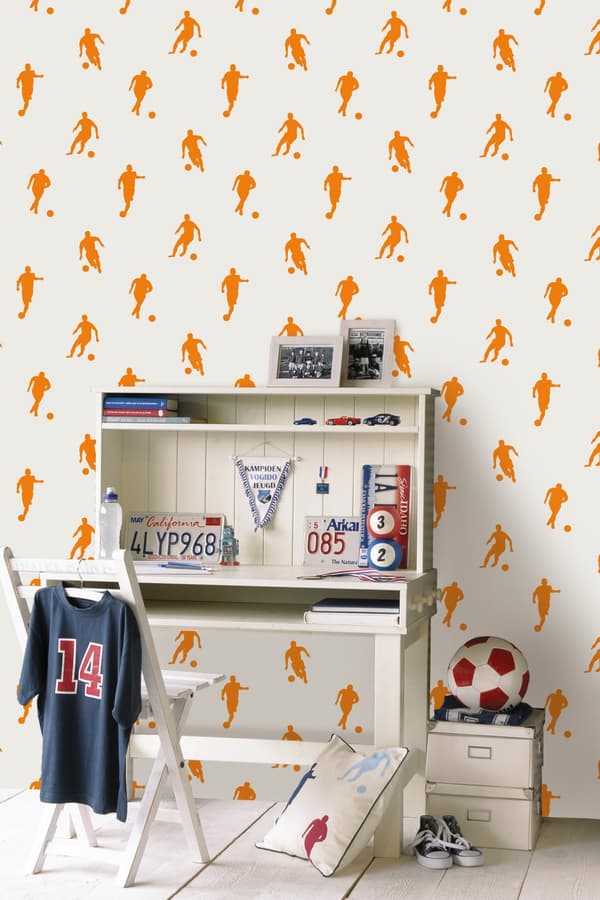 ESTAhome tapet fotbollsspelare orange och vitt 53 cm x 10,05 m