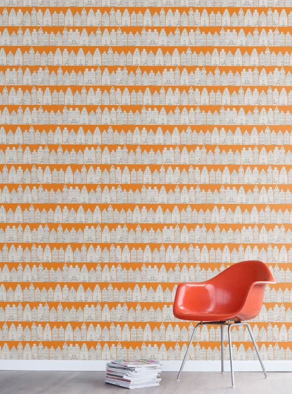 ESTAhome tapet Kanalhus i Amsterdam orange och vitt 53 cm x 10,05 m
