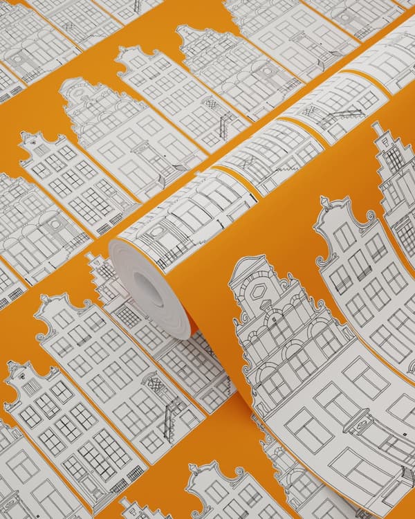 ESTAhome tapet Kanalhus i Amsterdam orange och vitt 53 cm x 10,05 m