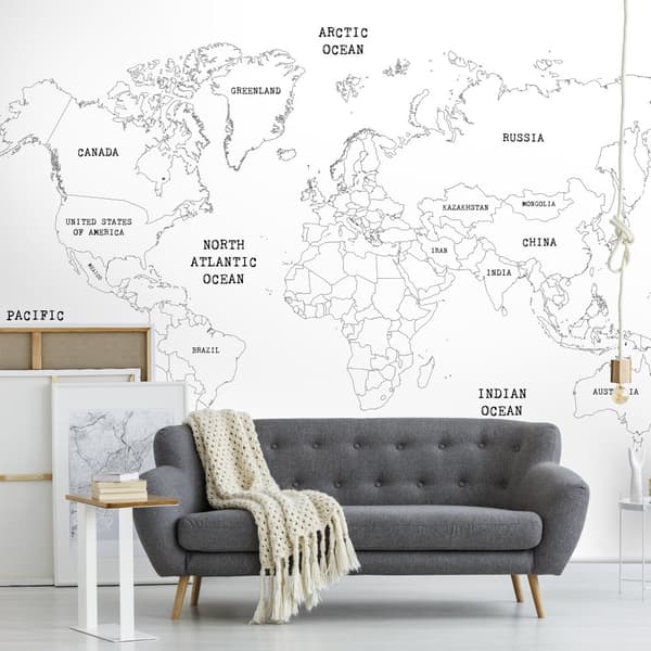 Art for the Home - Fototapet - Världskarta - Vit/Svart - 280x400cm