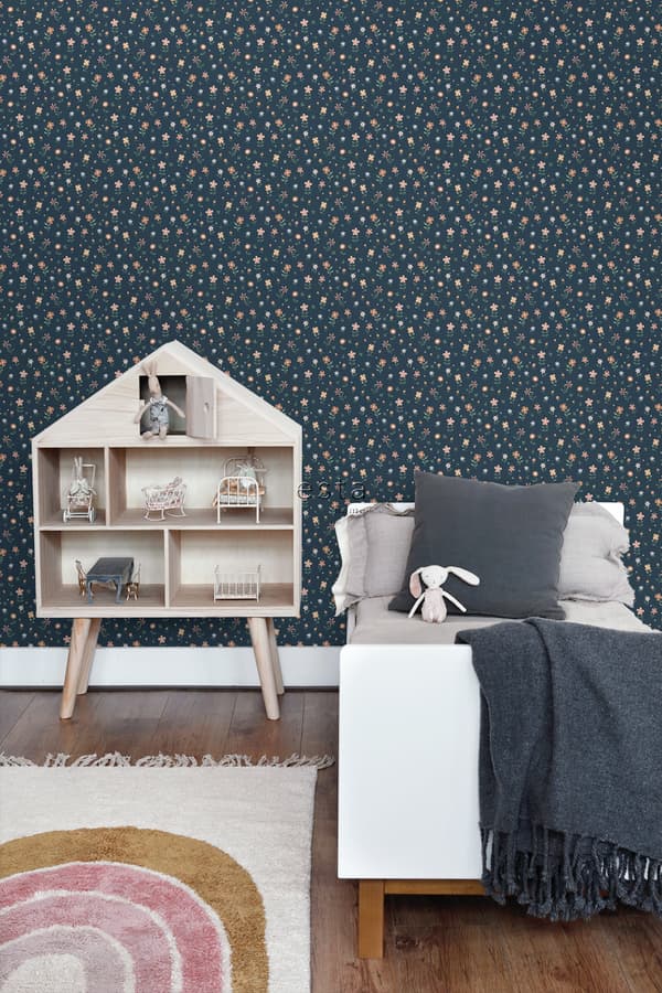 ESTAhome tapet blomster mørkeblåt, terracotta rød, grønt og hvidt 0,53 x 10,05 m