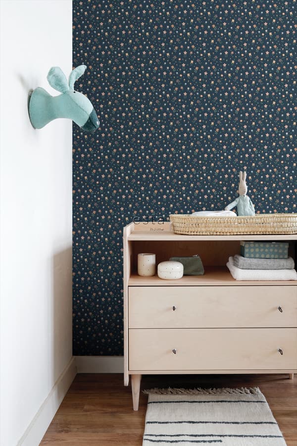 ESTAhome tapet blomster mørkeblåt, terracotta rød, grønt og hvidt 0,53 x 10,05 m