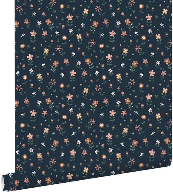 ESTAhome tapet blomster mørkeblåt, terracotta rød, grønt og hvidt 0,53 x 10,05 m