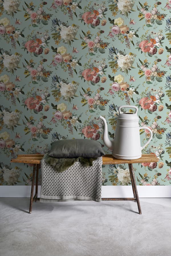 ESTAhome tapet vintage blomster gråligtgrønt 0,53 x 10,05 m