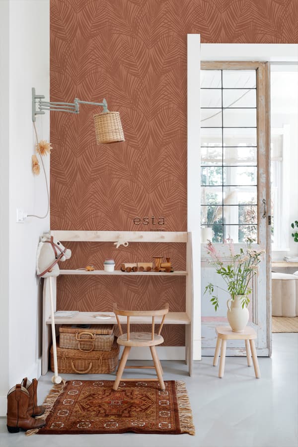 ESTAhome tapet palmeblade terracotta rød 0,53 x 10,05 m