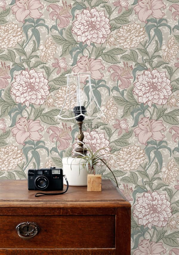 ESTAhome tapet vintage blomster antikrosa og gråligtgrønt 0,53 x 10,05 m
